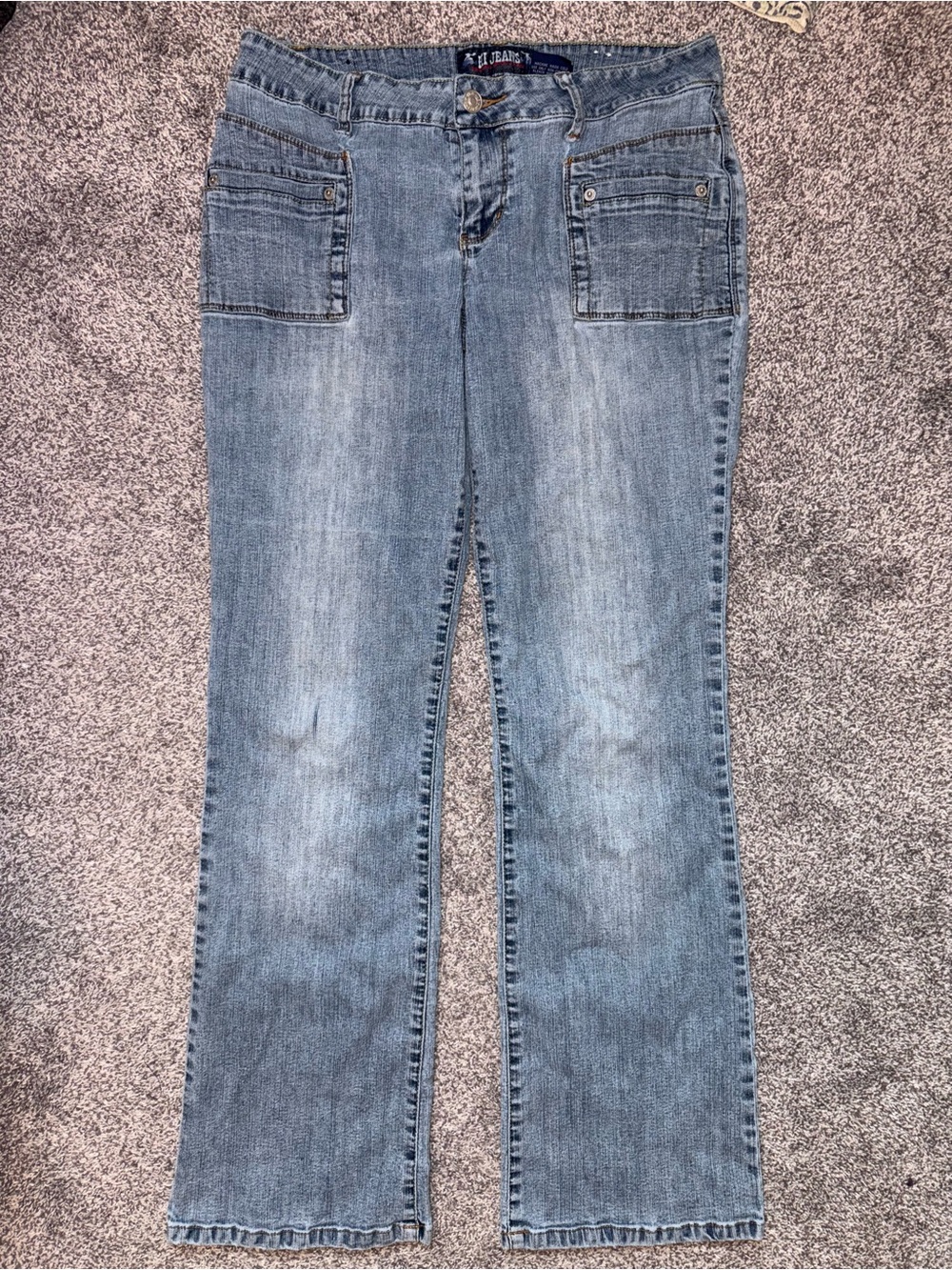 Light Blue Women’s Y2K Low rise Boot Cut Jeans with Front Patch Pockets
